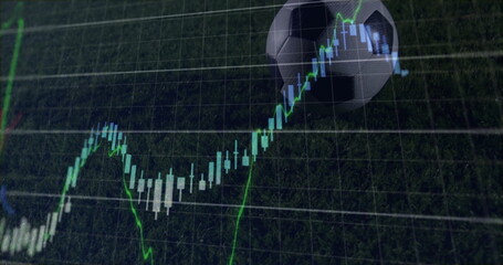 Blending black-and-white soccer ball onto pitch under chart gridlines green trendline, copy space