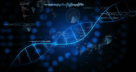 Glowing blue DNA double helix winding over interface, with world map silhouettes and code overlays