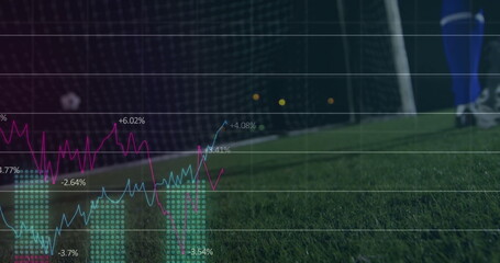 Displaying player legs in blue socks and cleats near goalpost on turf, with charts, copy space