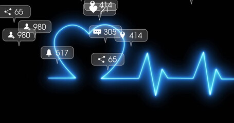 Displaying neon-blue ECG waveform tracing heart shape on black interface, showing notifications