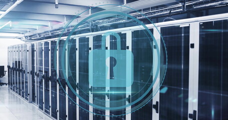 Displaying digital padlock icon hovering in holographic circle over server aisle, with server racks