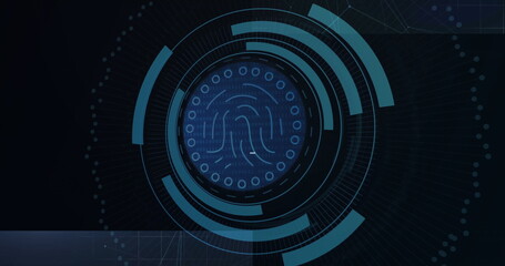 Fototapeta premium Digital fingerprint icon glowing in security screen, with HUD rings, binary code and grid lines