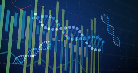 Displaying central DNA helix in virtual data display, combining bar charts and overlaid line graphs
