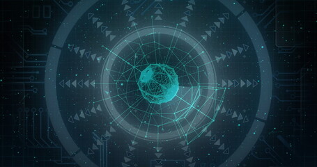 Rotating wireframe sphere pulsing on virtual UI, with rings, mesh, radial arrows and particles