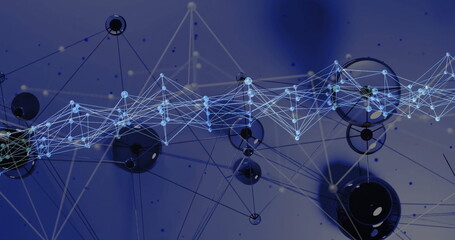 Animating abstract network waving in virtual space, with light-blue nodes, edges, rings and disks