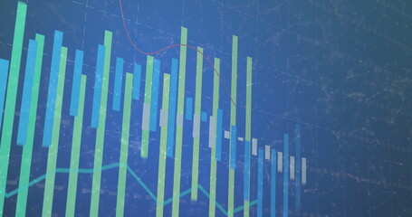 Displaying vertical bar chart on screen with red and cyan line graphs and grid network lines