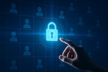 Hand pointing glowing lock icon on digital user grid representing cybersecurity privacy protection access control authentication encryption data safety secure login identity management 
