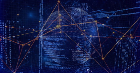 Depicting central code sphere weaving glowing orange network lines in data space, with golden nodes