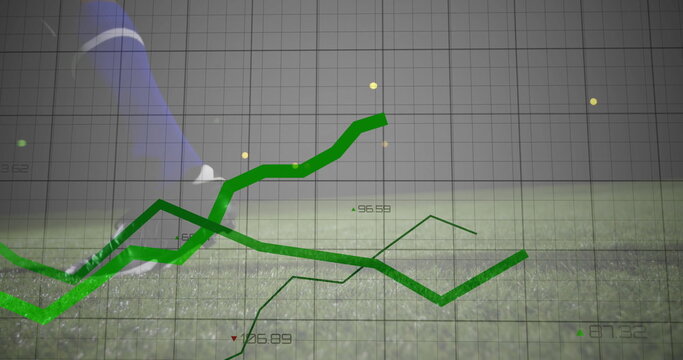 Stepping soccer player's cleated foot pressing into grass field, with data overlay, copy space