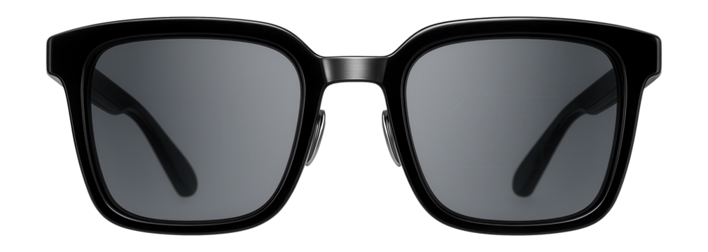 Fashion-forward smart glasses with oversized square lenses and AR interface