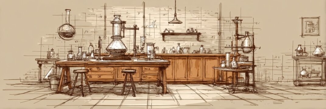Vintage Laboratory Interior With Wooden Furniture, Glassware, and Scientific Equipment for Experiments and Research Activities