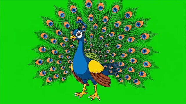 Colorful Cartoon Peacock Displaying Its Vibrant Feathers in Bright Green Background