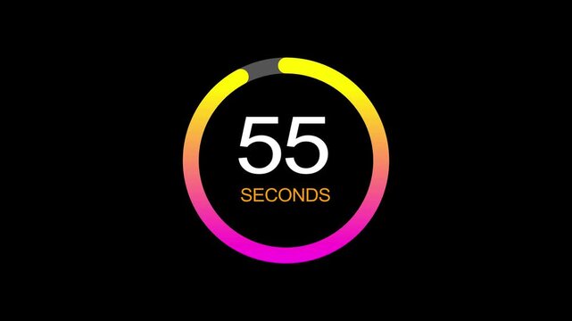60 second timer icon animation. 60 seconds circular timer countdown on black background, simple countdown timer from 60 to 0 seconds.
