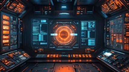 High-tech Futuristic Control Room with Glowing Digital Interfaces