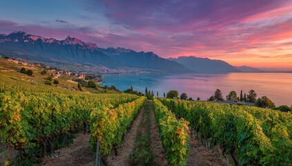 Naklejka premium Vineyard panorama at sunrise, Lake Geneva, Alps