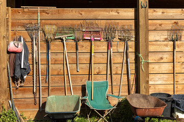 Horse farm garden tools, rakes and wheelbarrow near a wooden fence in the golden sunlight