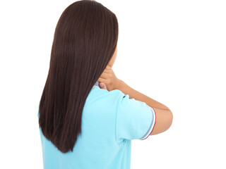Woman is holding her neck and she is in pain. Health and medical concept.
