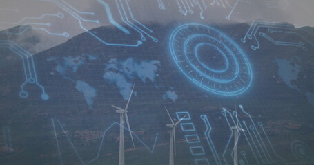 Showing turbines spinning in valley with overlay, world map grid and circular interface element