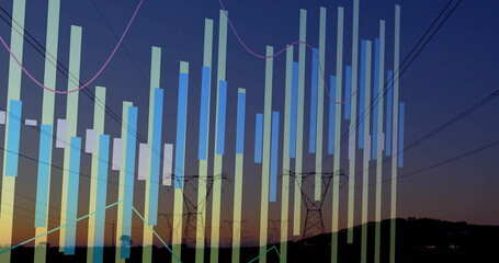 Stretching power lines and towers over rural landscape at dusk, with bar chart overlay