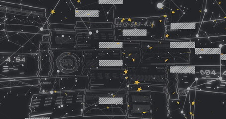Fototapeta premium Displaying data network diagram showing nodes, striped code blocks, and star icons in virtual space