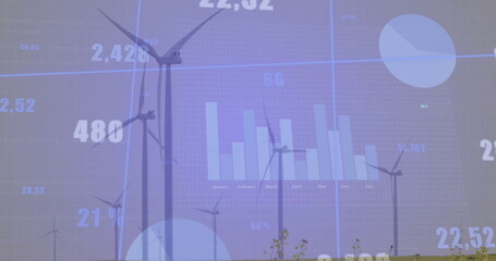 Displaying turbines operating on wind farm, with bar and pie charts, numeric and grid overlays