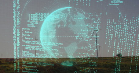 Floating holographic globe projecting grid overlays and code streams over grassy plain and hills