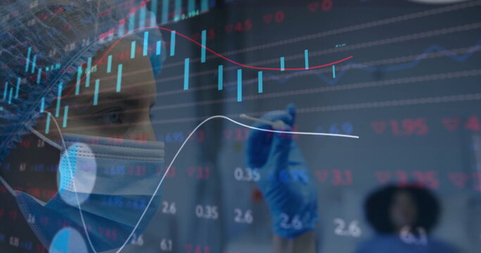 Drawing line, doctor wearing mask with marker on glass board in lab, candlestick charts, copy space