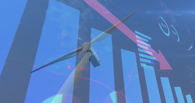 Featuring wind turbine dominating dashboard, with bar charts, pink line graph, red arrow and gauges - Powered by Adobe