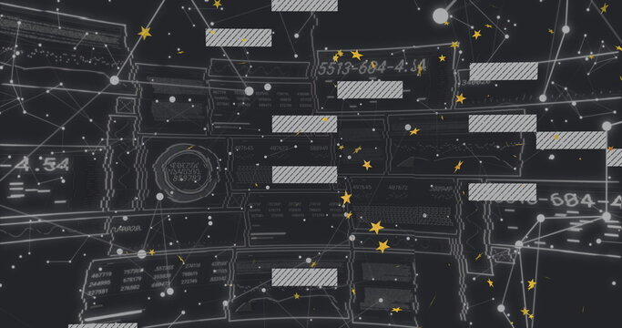 Naklejki Displaying data network diagram showing nodes, striped code blocks, and star icons in virtual space