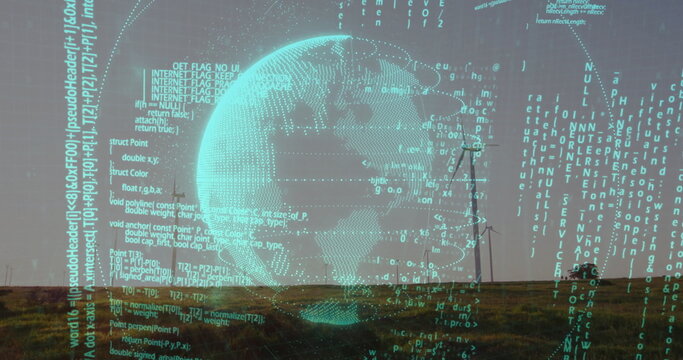 Fototapeta Floating holographic globe projecting grid overlays and code streams over grassy plain and hills