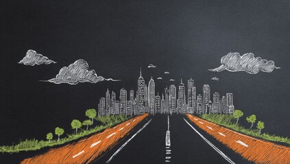 Cityscape road chalk drawing