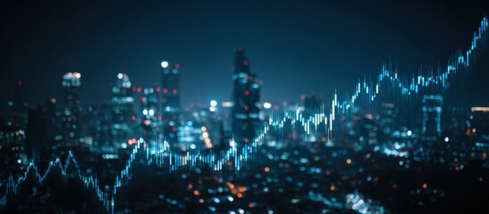 Abstract city skyline at night with overlayed financial data