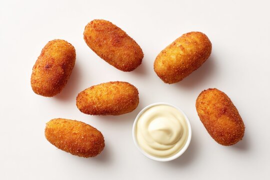 Crispy, golden-brown croquettes arranged around a small bowl of creamy dipping sauce