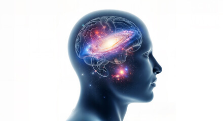 Obraz premium Profile of a human head with a galaxy and stars inside the brain, isolated on white background, representing imagination, consciousness, and the universe of thought