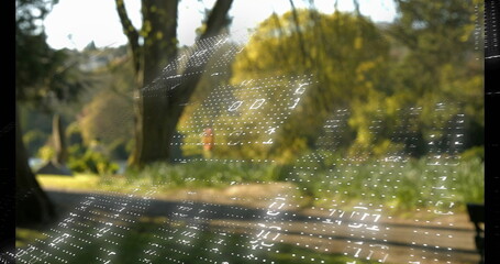 Floating 3D binary grid hovering over sunlit park path, with daffodils and trees