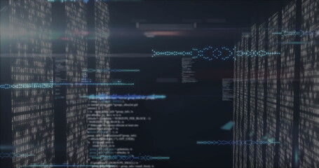 Obraz premium Displaying translucent panels scrolling alphanumeric code in cyberspace, with binary streams