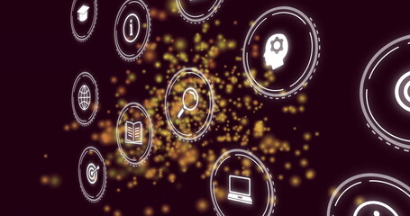 Search icon glowing in digital interface with golden particles and multiple circular icon graphics