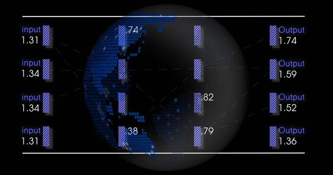 Naklejki Displaying dotted globe of Earth between four purple input and Output value bars on dark canvas