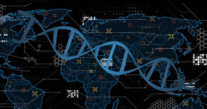 Displaying blue DNA double helix stretching across interface, with map outlines, neon data markers - Powered by Adobe