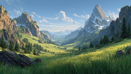 Alpine valley panorama. Lush green meadows nestled amidst towering mountains under a vibrant blue sky