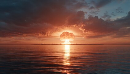 Atomic explosion over water at sunset