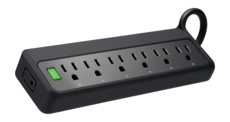 Angled plug power strip with six outlets and a cord management bracket