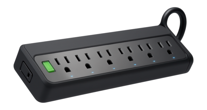 Angled plug power strip with six outlets and a cord management bracket