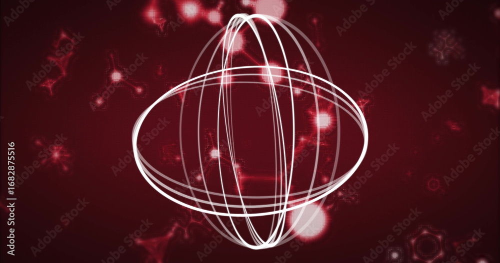 Wall mural glowing sphere with intersecting white rings against red gradient, with orbs, network patterns