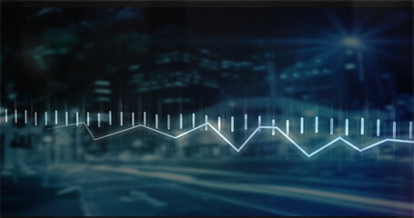 Showing white line graph with ticks spanning night street with light trails streetlights buildings