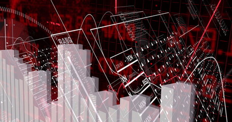 Showing translucent 3D bar chart columns rising in analytics environment, with YEN MXN BRL panels
