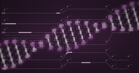 Displaying stylized DNA helix over purple grid with plus-sign data markers and numeric labels