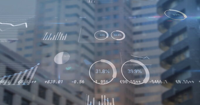 Displaying financial overlays hovering over urban skyline, with line and bar graphs and pie charts - Powered by Adobe