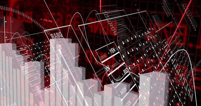 Showing translucent 3D bar chart columns rising in analytics environment, with YEN MXN BRL panels - Powered by Adobe