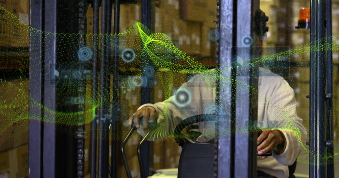 Driving forklift operator wearing sweater scanning box-filled shelves in warehouse, with AR overlay